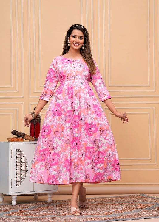 Pink white floral cotton maternity and feeding kurti