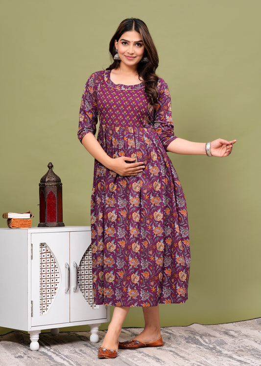 Purple Leave  cotton maternity and feeding kurti