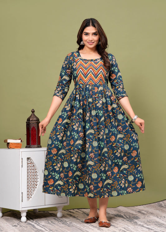 blue with short lahriya floral cotton maternity and feeding kurti