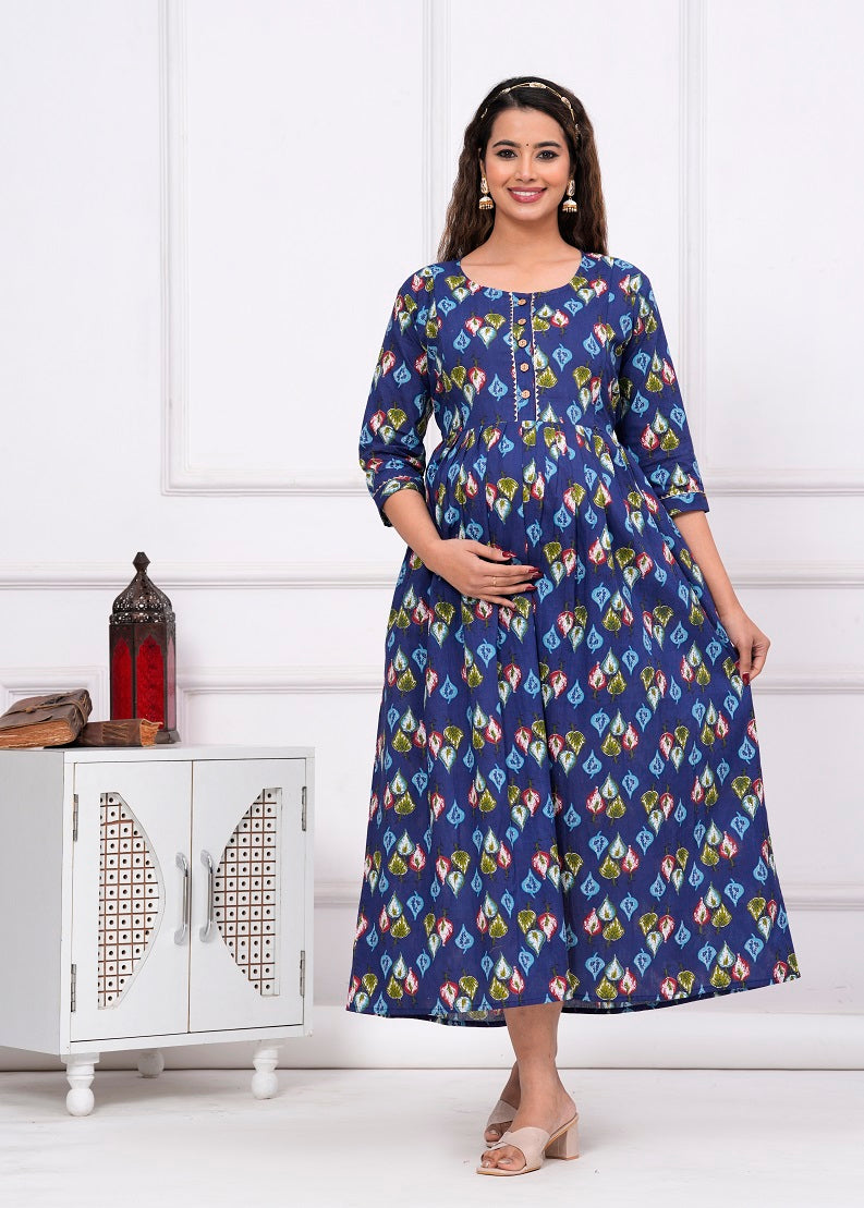 Blue tringal  cotton maternity and feeding kurti