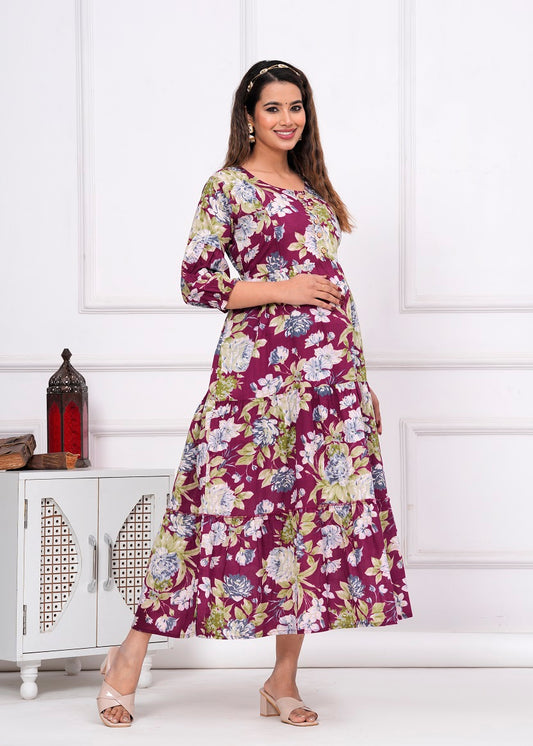 Magenta flower  cotton maternity and feeding kurti