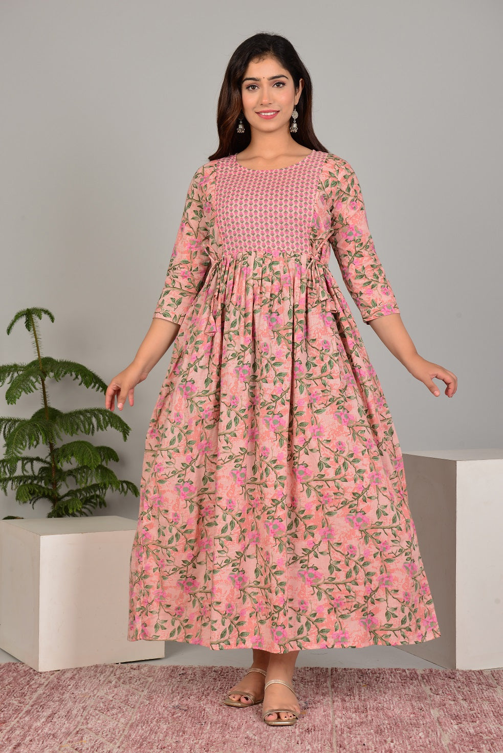 Peach Sanganeri cotton maternity and feeding kurti