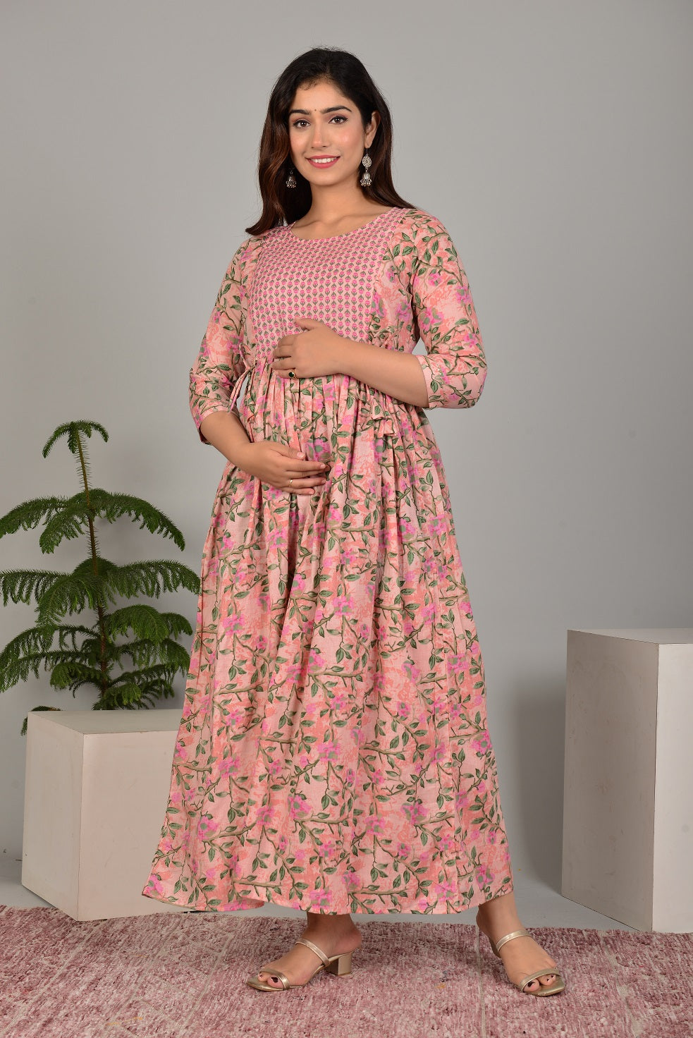 Peach Sanganeri cotton maternity and feeding kurti