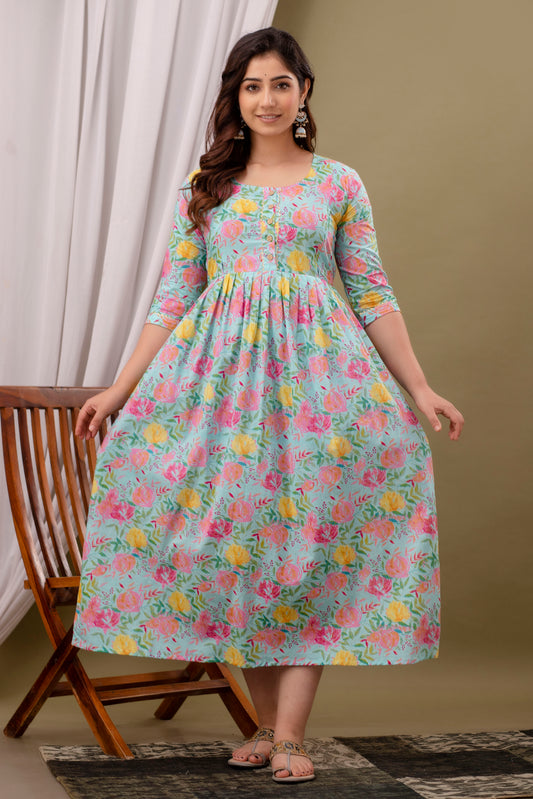 Blue multi  floral Cotton maternity and feeding kurti