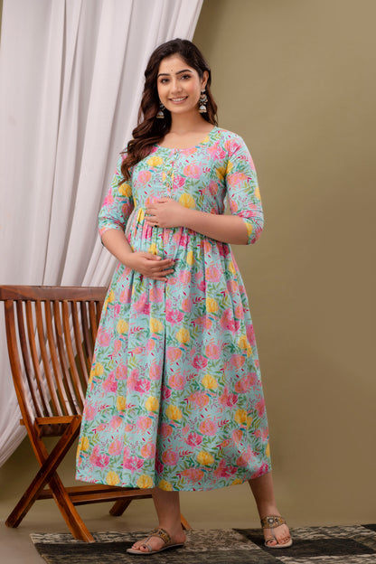 Blue multi  floral Cotton maternity and feeding kurti