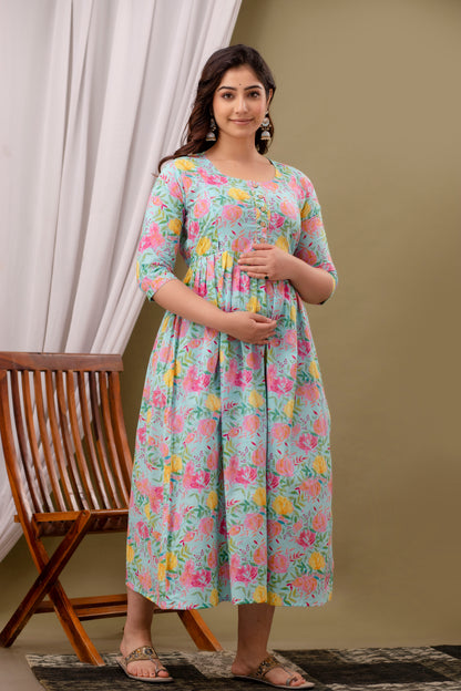 Blue multi  floral Cotton maternity and feeding kurti