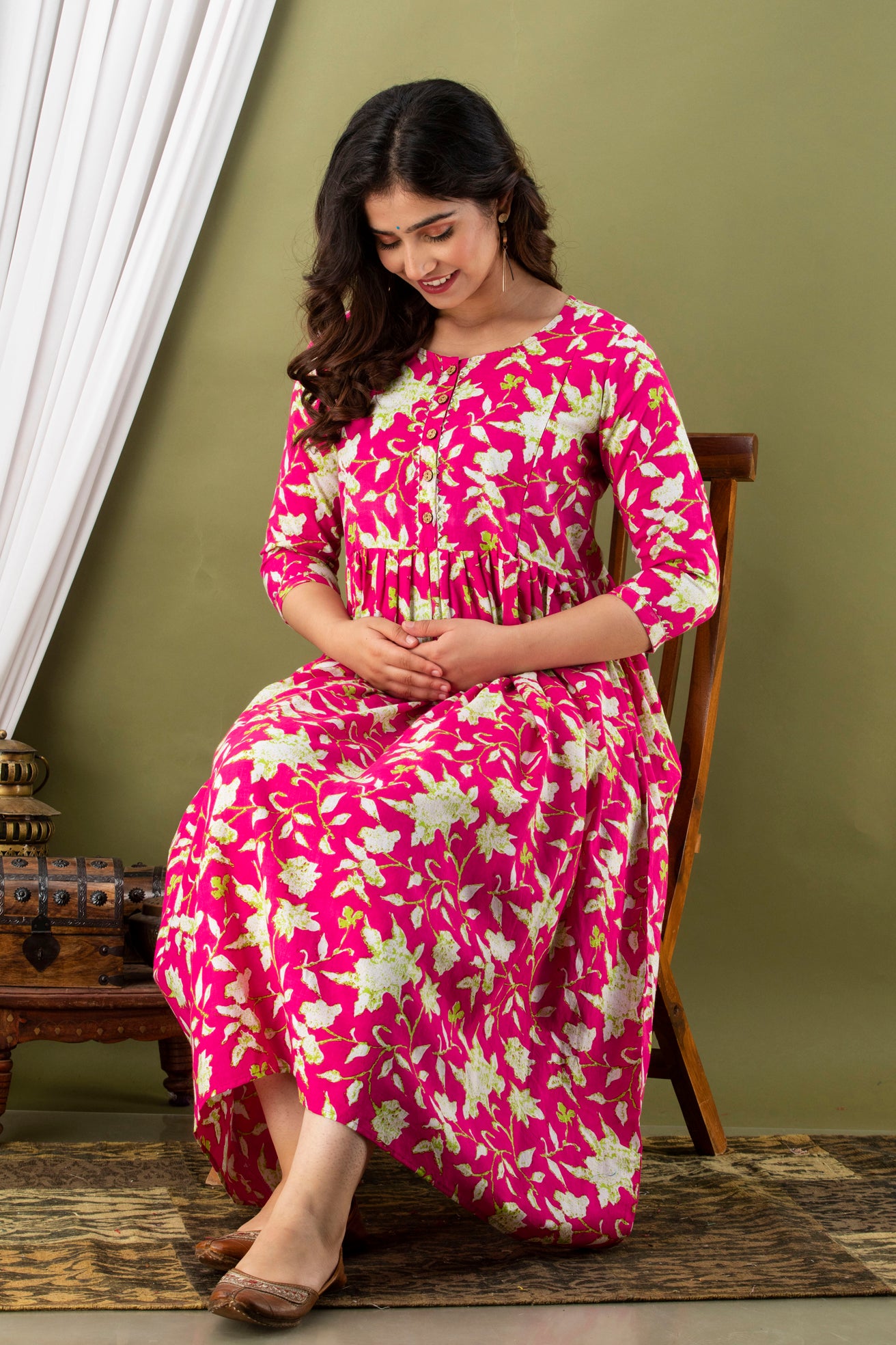 Pink white flower Cotton maternity and feeding kurti