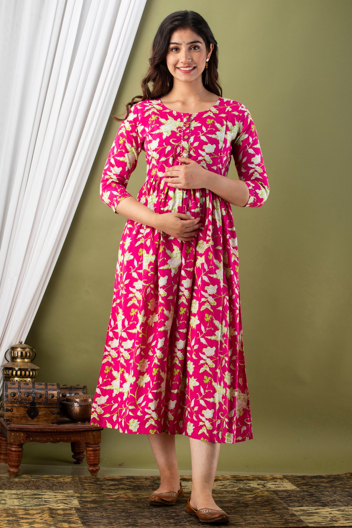 Pink white flower Cotton maternity and feeding kurti