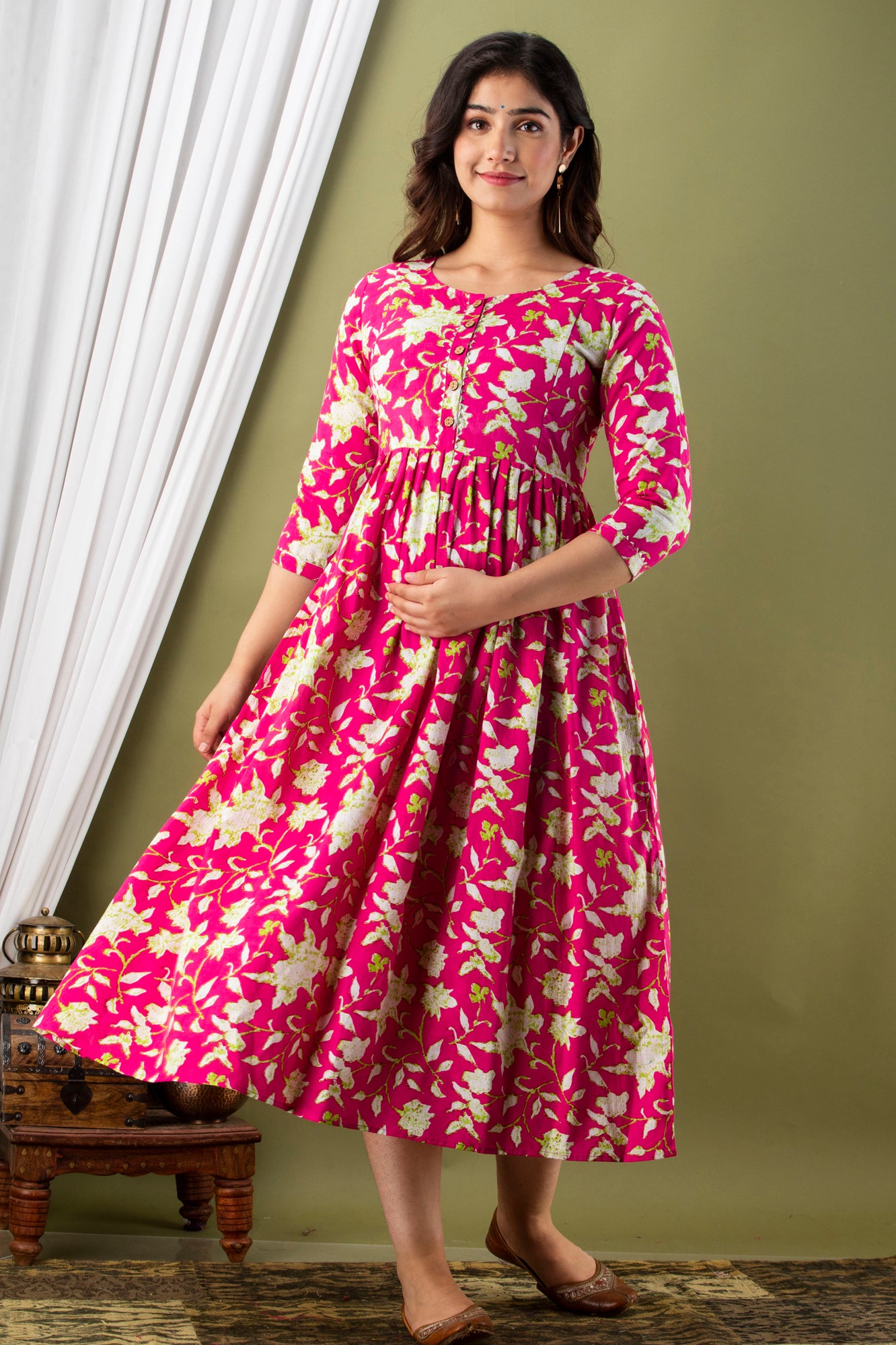 Pink white flower Cotton maternity and feeding kurti