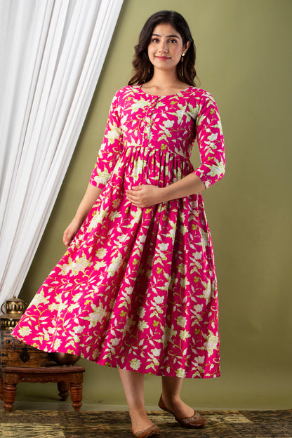 Pink white flower Cotton maternity and feeding kurti