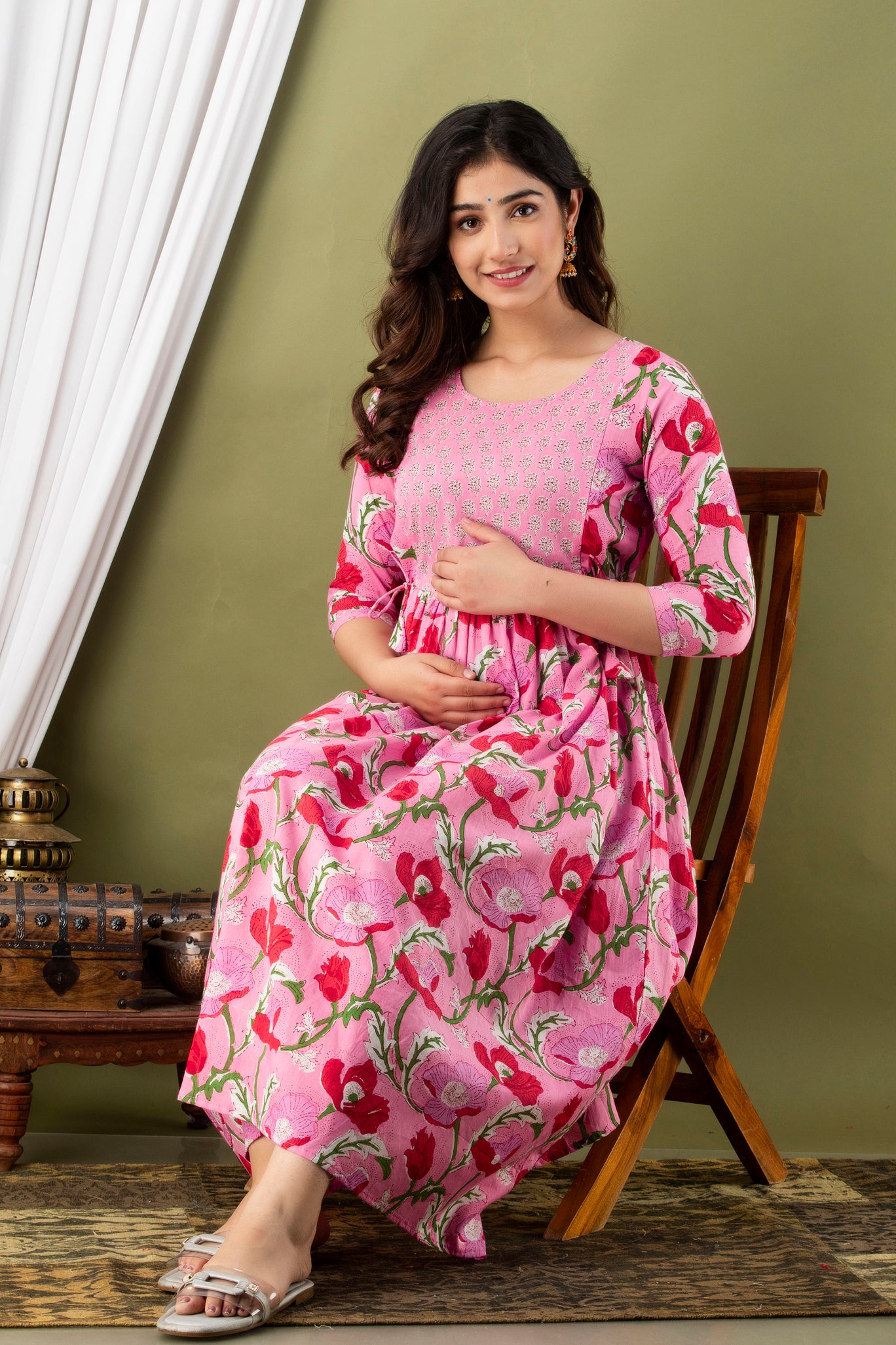 Pink red flower Cotton maternity and feeding kurti