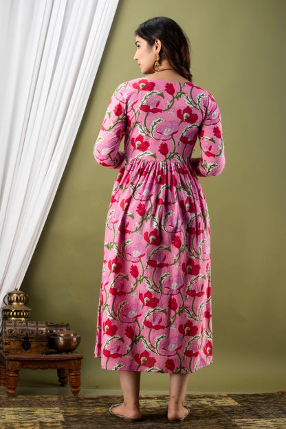 Pink red flower Cotton maternity and feeding kurti