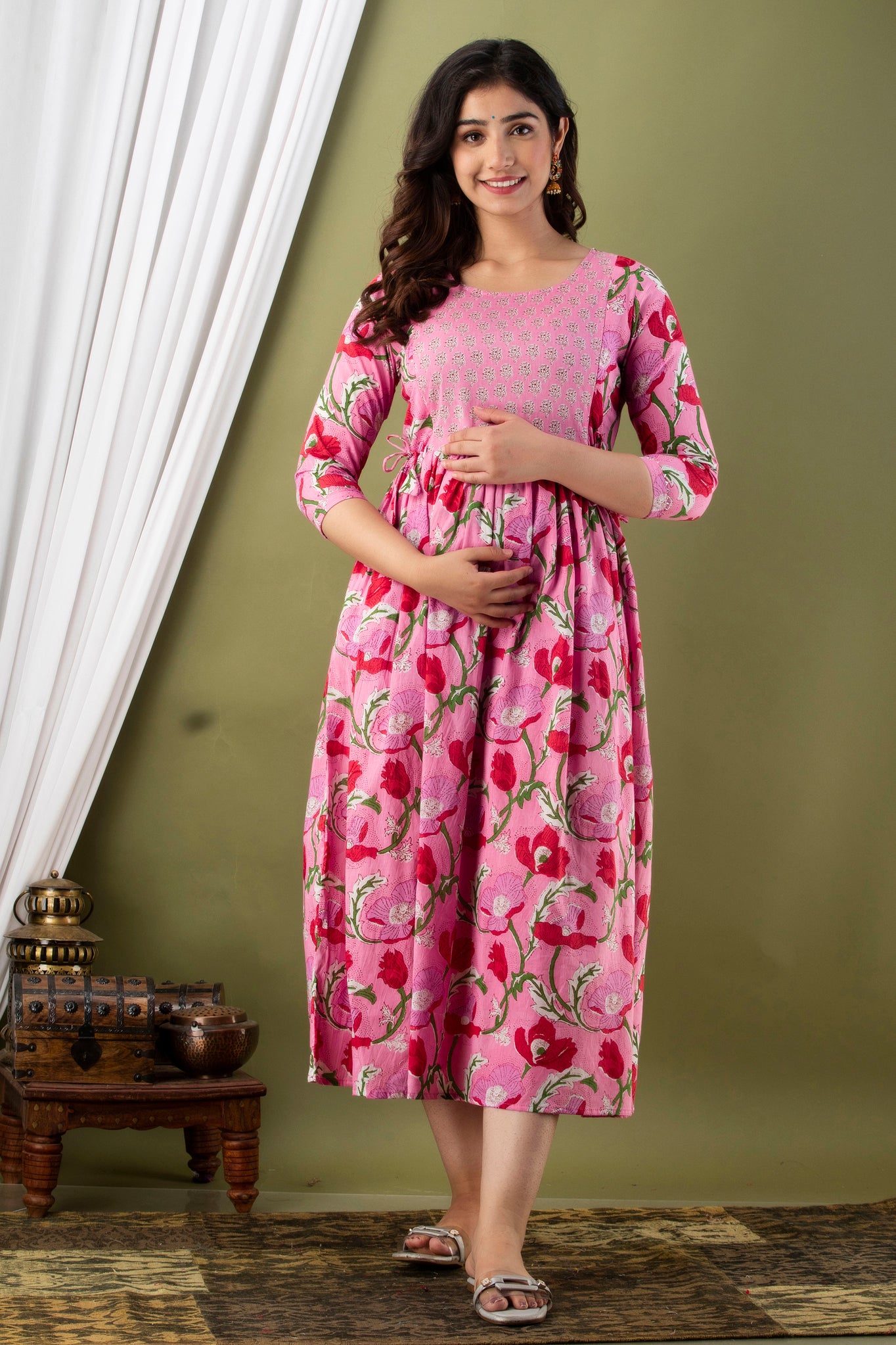 Pink red flower Cotton maternity and feeding kurti