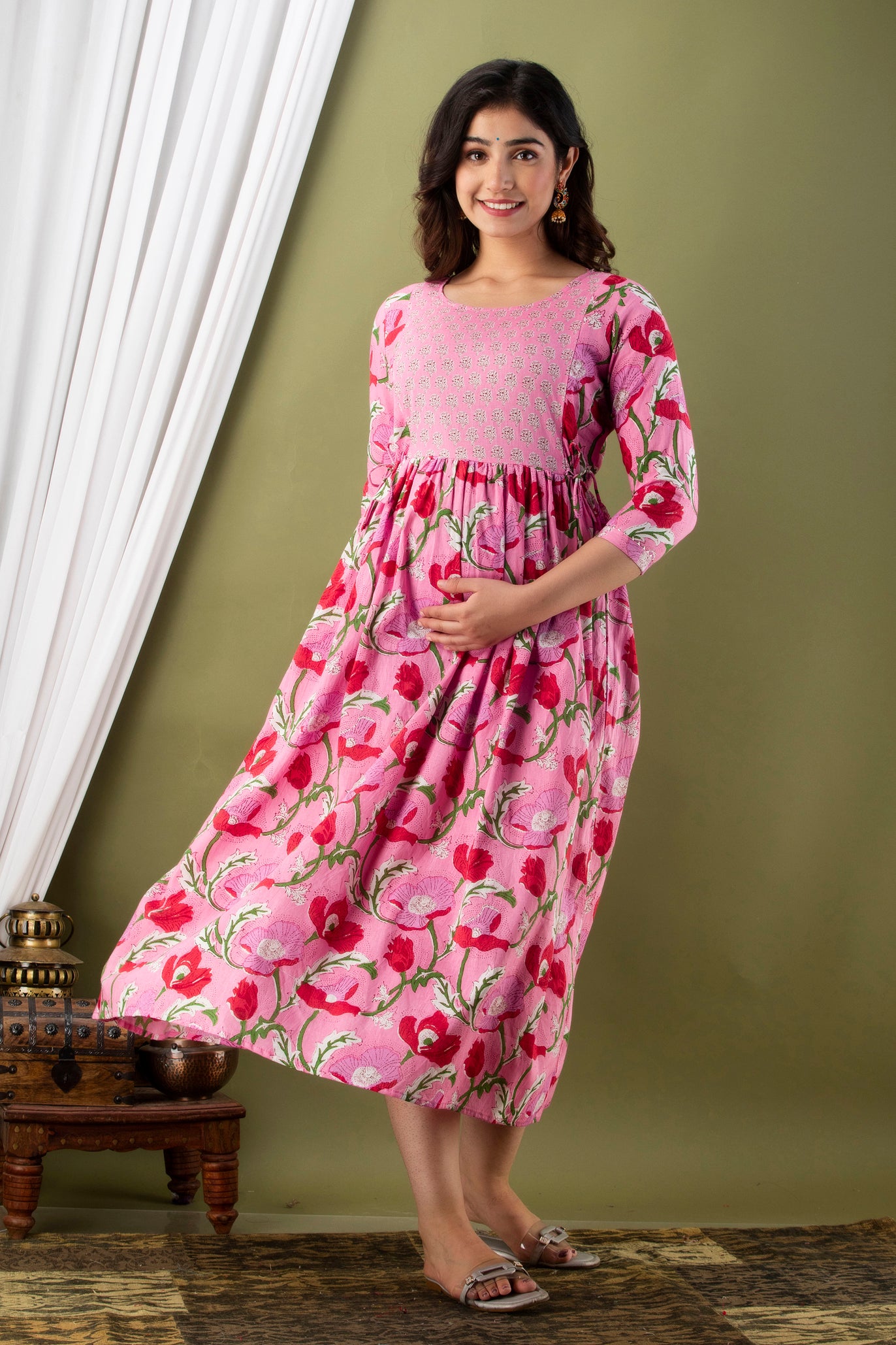 Pink red flower Cotton maternity and feeding kurti