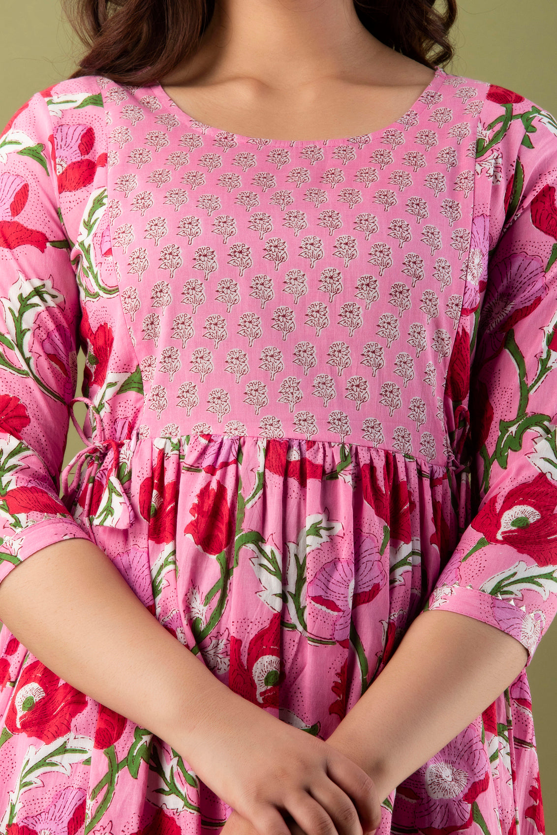 Pink red flower Cotton maternity and feeding kurti