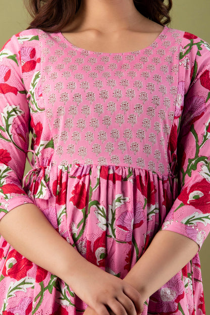 Pink red flower Cotton maternity and feeding kurti