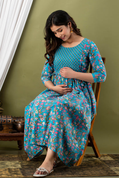 Blue multi flower Cotton maternity and feeding kurti