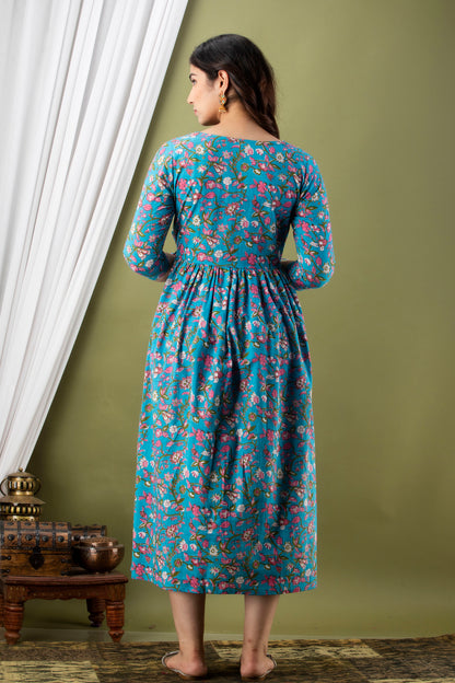 Blue multi flower Cotton maternity and feeding kurti