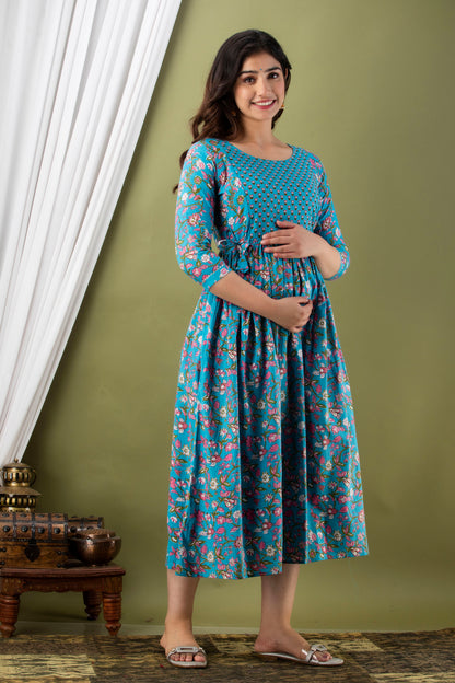 Blue multi flower Cotton maternity and feeding kurti