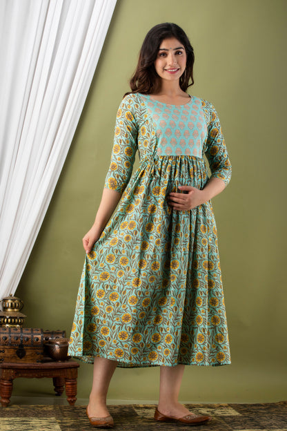 Grey sun flower Cotton maternity and feeding kurti