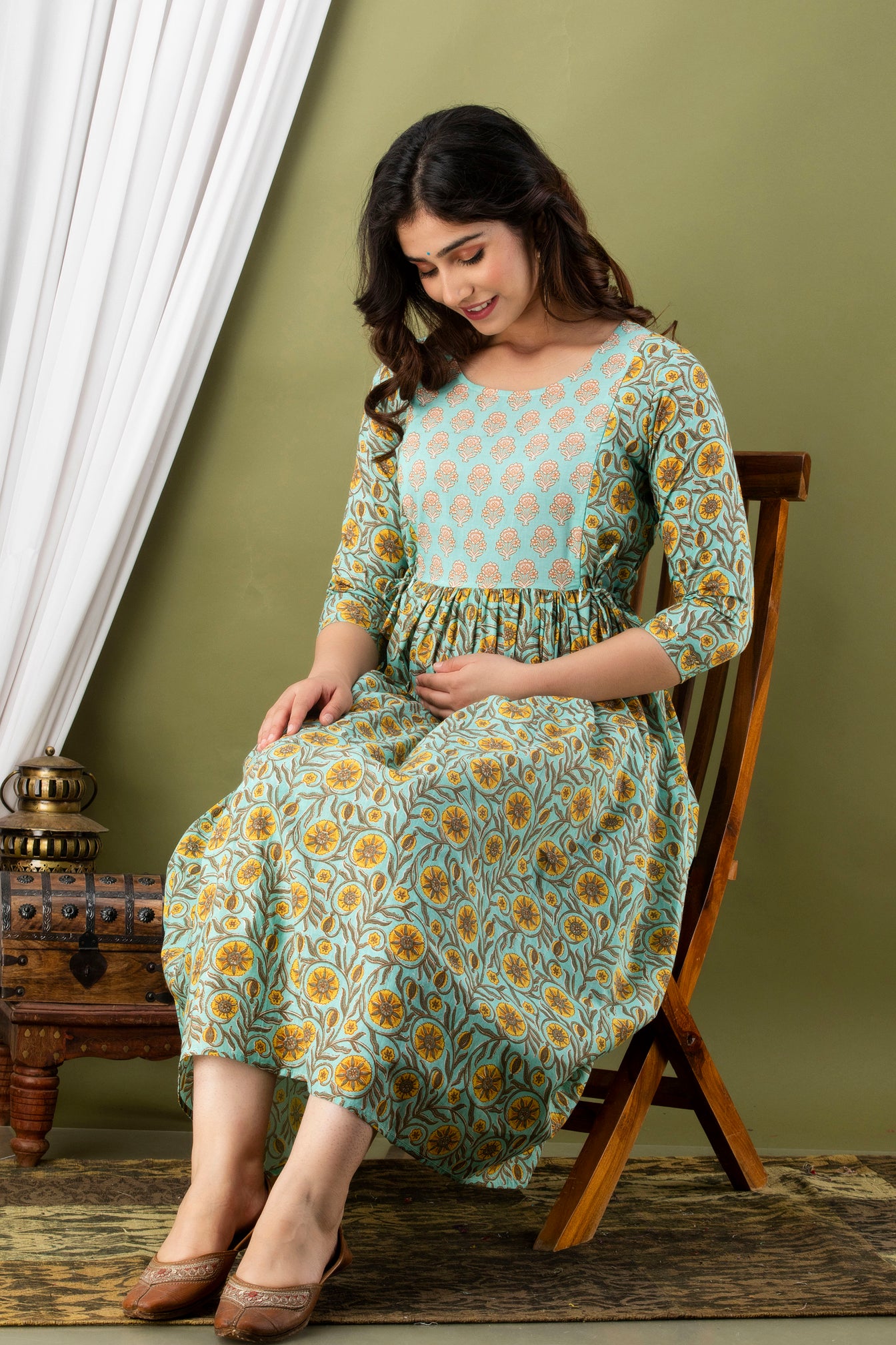 Grey sun flower Cotton maternity and feeding kurti