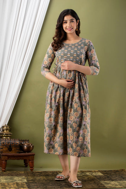 Grey  circle Cotton maternity and feeding kurti