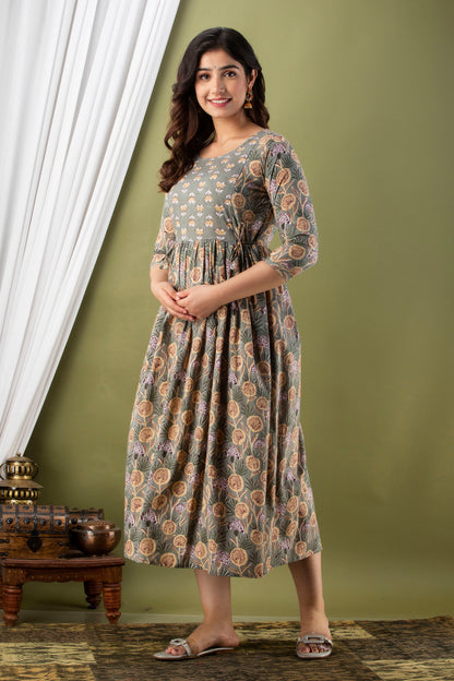 Grey  circle Cotton maternity and feeding kurti