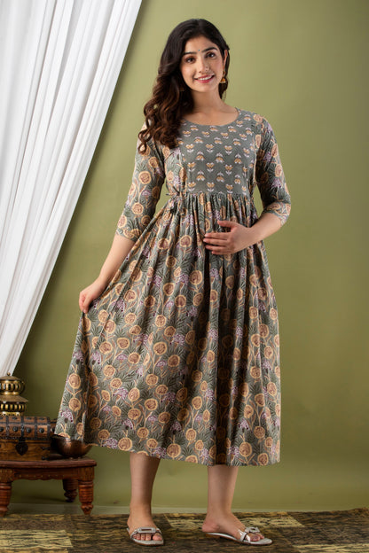 Grey  circle Cotton maternity and feeding kurti