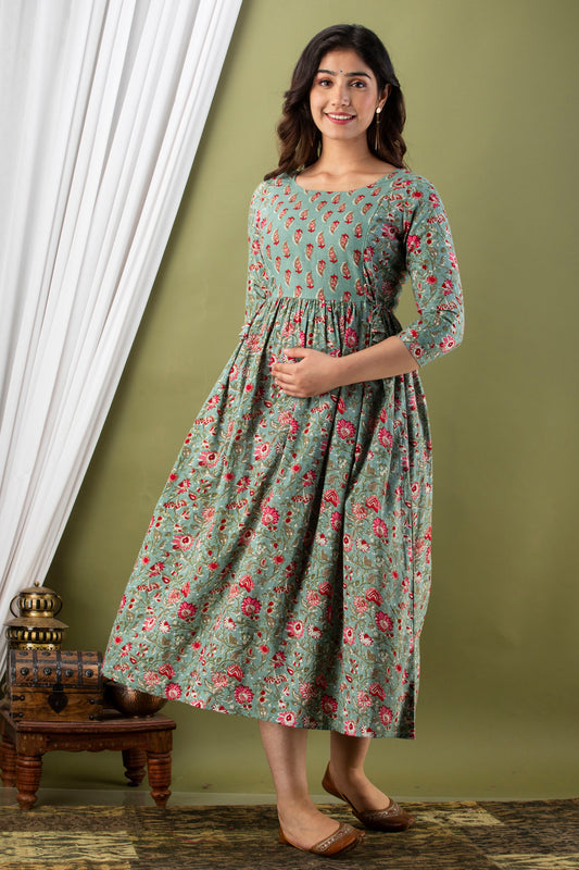 Grey red patti Cotton maternity and feeding kurti