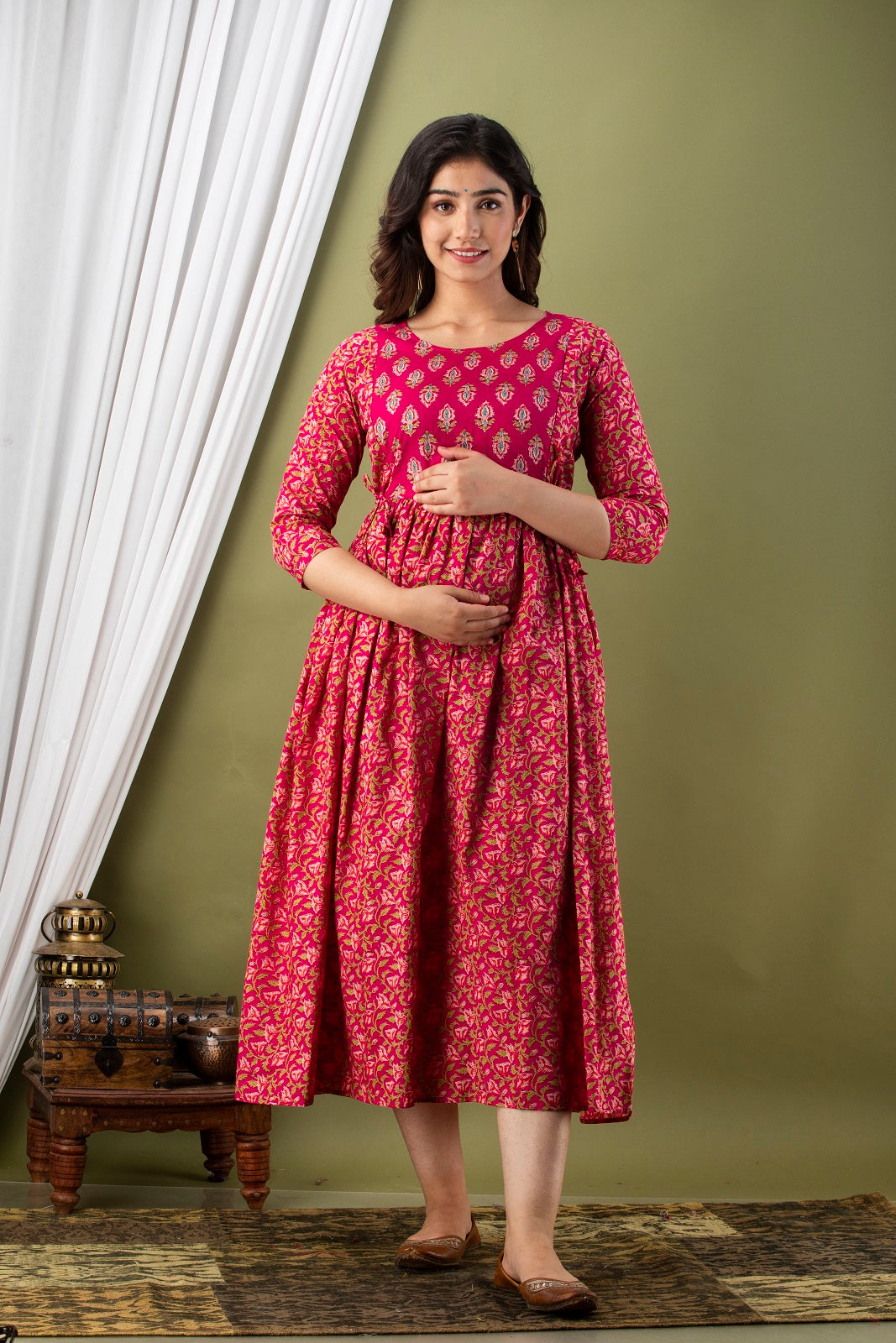 Pink chidi sanganeri Cotton maternity and feeding kurti