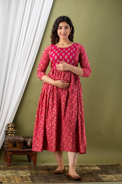 Pink chidi sanganeri Cotton maternity and feeding kurti