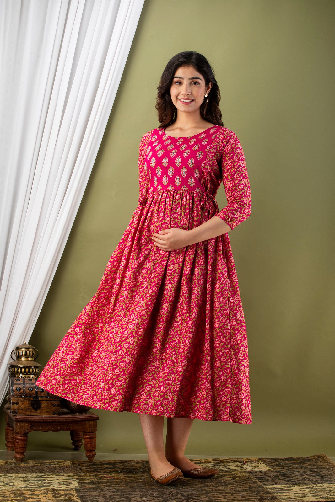 Pink chidi sanganeri Cotton maternity and feeding kurti