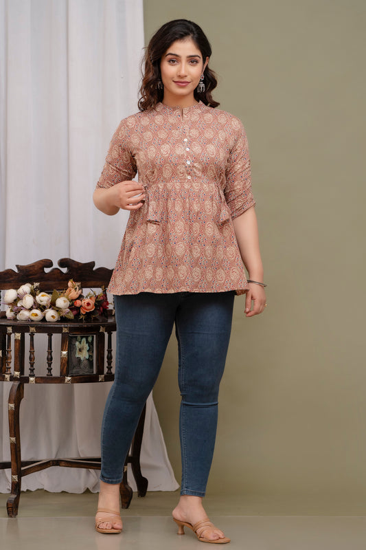 Brown floral cotton printed top