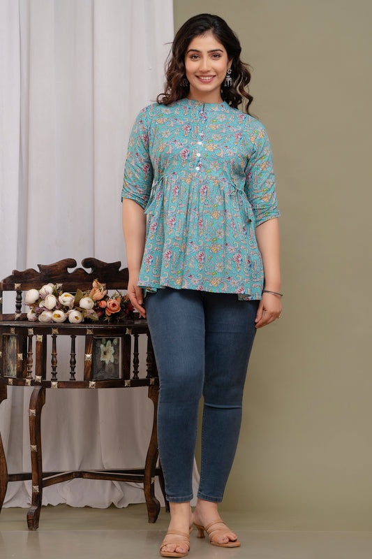 Blue blossom cotton printed top