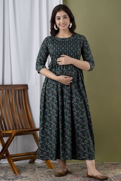 Green blossom carry cotton maternity and feeding kurti