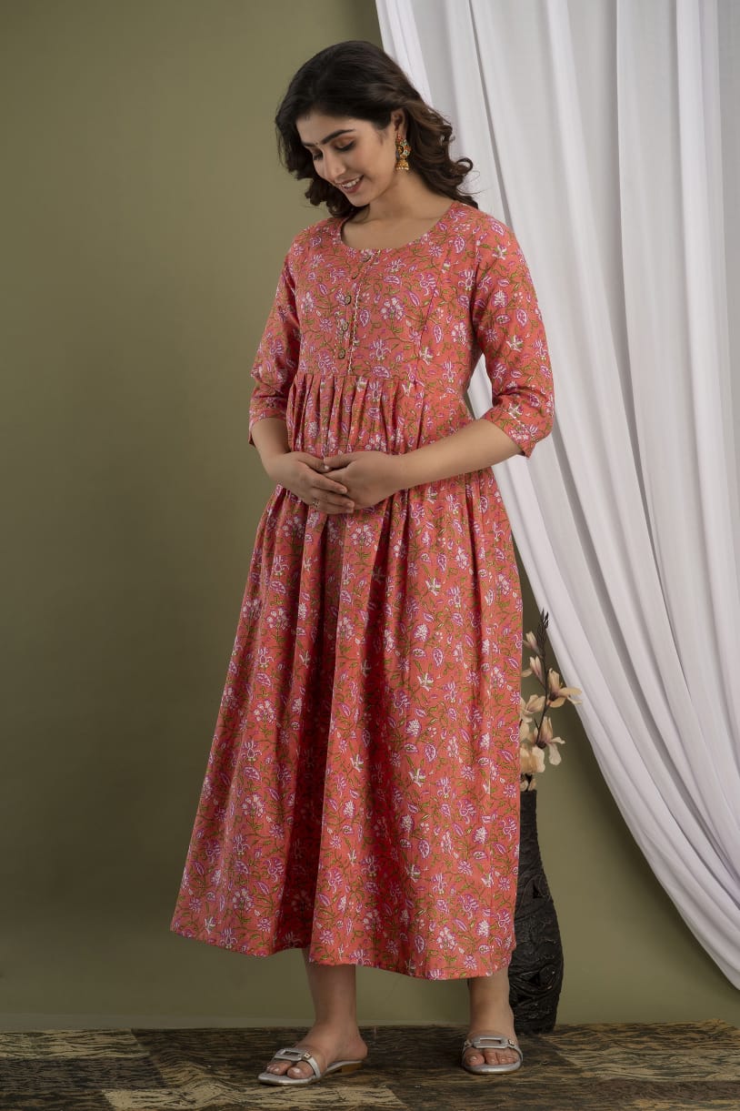 Peach floral Cotton maternity and feeding kurti