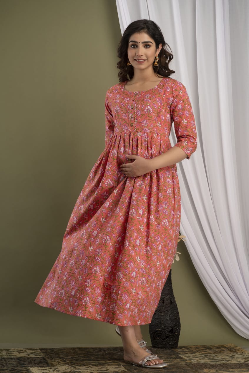 Peach floral Cotton maternity and feeding kurti