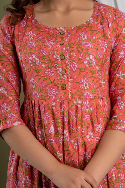 Peach floral Cotton maternity and feeding kurti