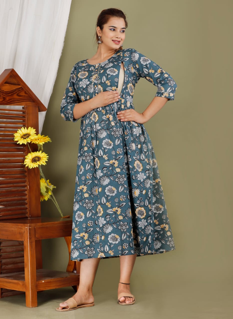 Teal blue Cotton printed maternity and feeding kurti