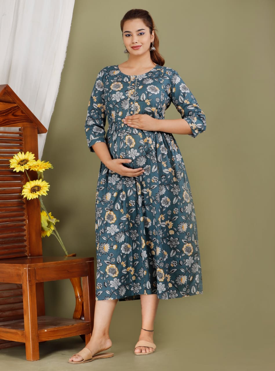 Teal blue Cotton printed maternity and feeding kurti