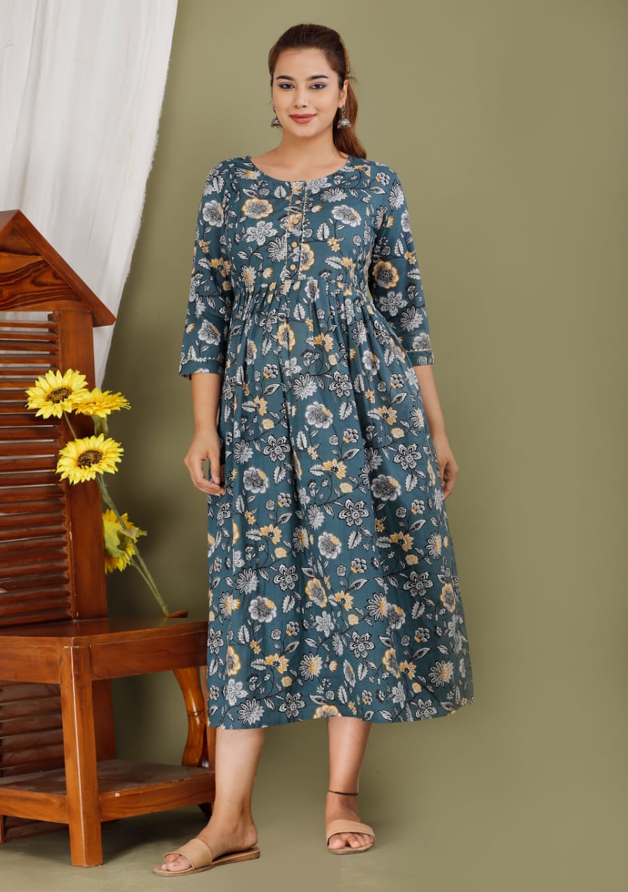 Teal blue Cotton printed maternity and feeding kurti