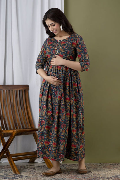 Blue and grey Cotton printed maternity and feeding kurti