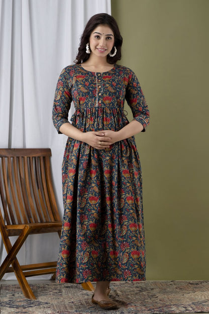 Blue and grey Cotton printed maternity and feeding kurti