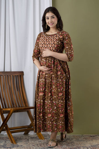 Warm brown Cotton printed maternity and feeding kurti