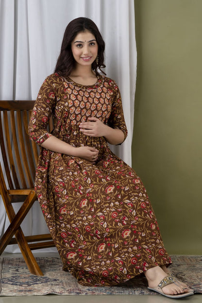 Warm brown Cotton printed maternity and feeding kurti