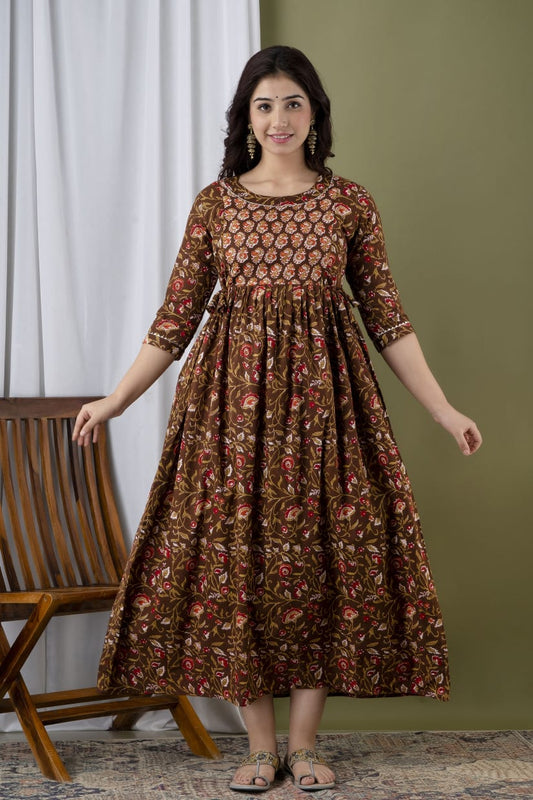 Warm brown Cotton printed maternity and feeding kurti