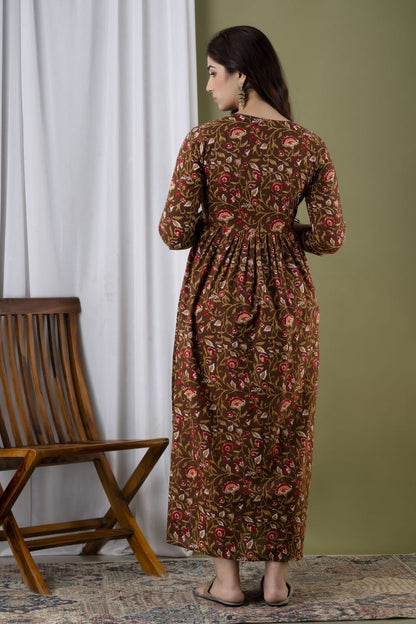 Warm brown Cotton printed maternity and feeding kurti