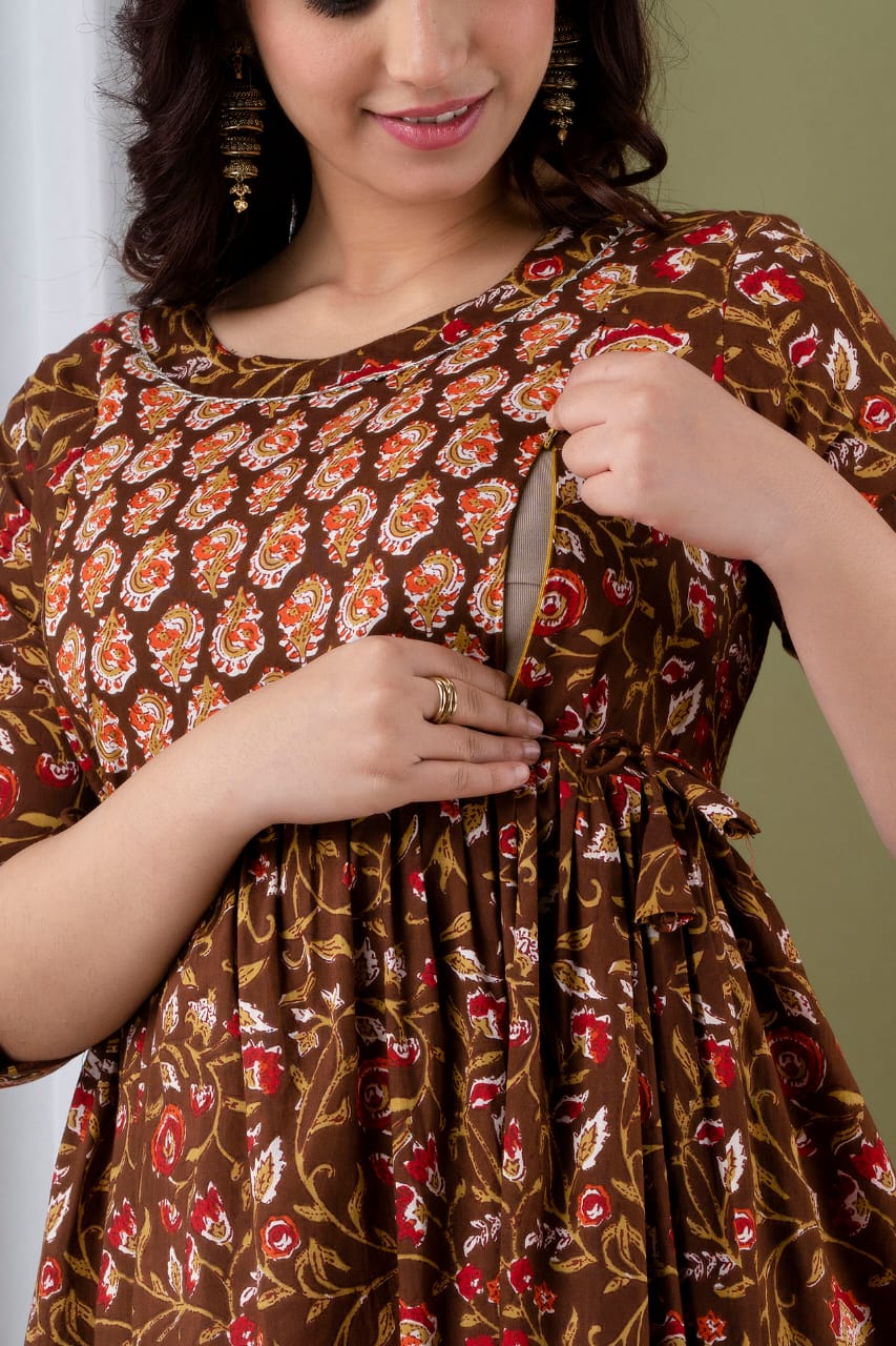 Warm brown Cotton printed maternity and feeding kurti