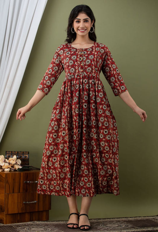 Dark brown delight Cotton printed maternity and feeding kurti