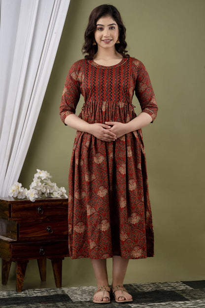 Brown deep Cotton printed maternity and feeding kurti